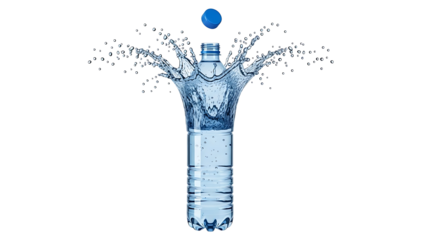 A dramatic splash of clean water erupts from a plastic bottle against a black background isolated on transparent background