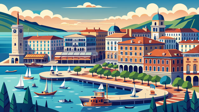Very beautiful view of Trieste&rsquo;s grand waterfront square facing the Adriatic Sea, showcasing elegant architecture, open horizons, and a unique blend of Italian and Central European character.