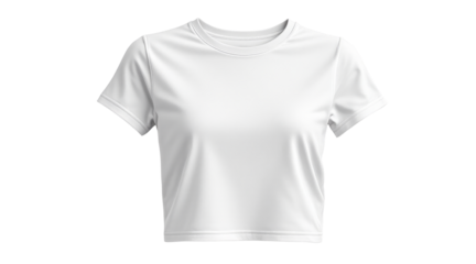 White crop top with short sleeves and a round neckline isolated on white background.