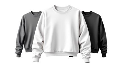 Three crew neck sweatshirts in white, grey, and black isolated on white background