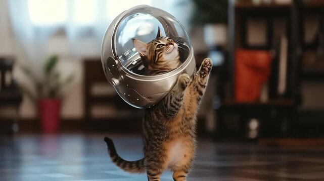 Cat in a space helmet standing on hind legs, showcasing a whimsical moment of humor and imagination in a playful setting