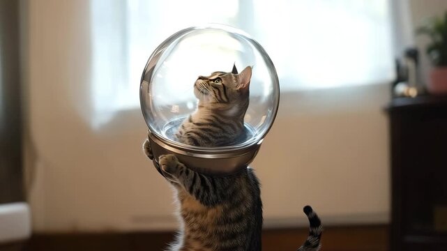 Cat in a space helmet standing on hind legs, showcasing a whimsical moment of humor and imagination in a playful setting