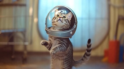 Cat in a space helmet standing on hind legs, showcasing a whimsical moment of humor and imagination in a playful setting