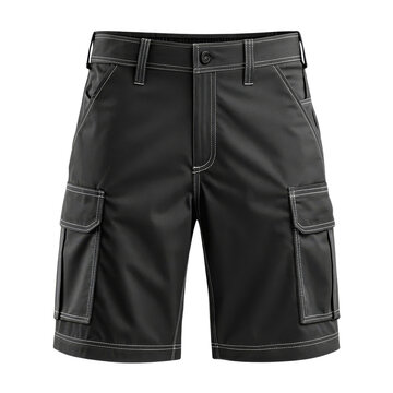 Black faux leather cargo pants with white contrast stitching and multiple pockets isolated on white background
