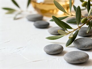 Fototapeta premium Smooth stones olive branch and oil