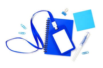 Blue plastic badge with book and pen isolated on white background. Template designed for employees and guests of company