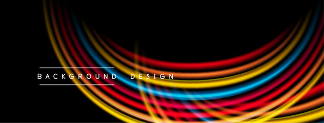Bright colorful lines curve over black background. Text reads background design. Modern abstract visual presentation.