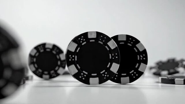 Black And White Casino Chips Falling On Reflective White Surface With Blurred Background
