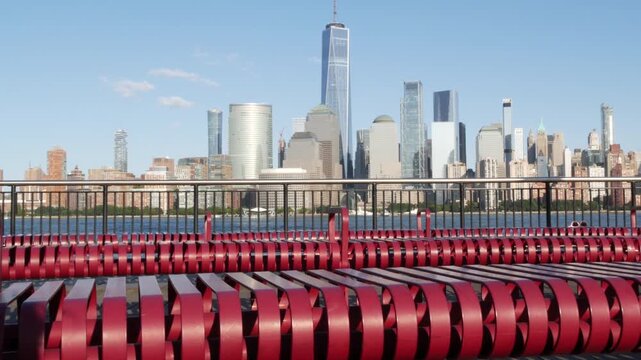 New York City Manhattan downtown financial district skyline, New Jersey Exchange Place, United States. Urban cityscape with skyscraper buildings, World Trade Center. J Owen Grundy park, Paulus Hook.