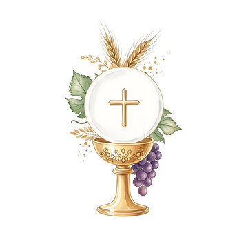 Golden chalice with communion wafer, grapes, and wheat illustration  