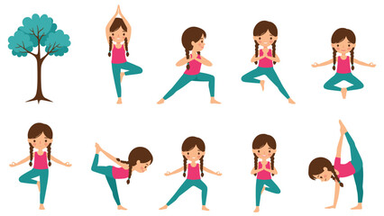 Obraz premium Young girl is illustrated in various yoga positions and stretching exercises next to a large green tree on a clean white background.