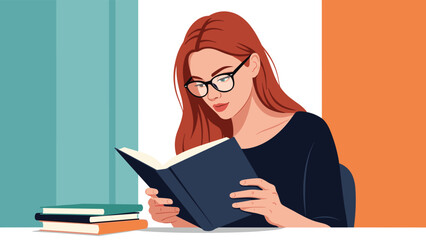 Obraz premium Young woman with red hair and glasses is deeply focused on reading a book while sitting at a desk with a stack of literature nearby.