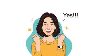 Happy young woman with short dark hair celebrates a victory with her fists raised and a big joyful smile on a white and blue background.