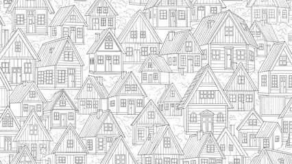 Obraz premium Intricate black and white sketch pattern shows a dense neighborhood of traditional European style houses with detailed roofs and windows.
