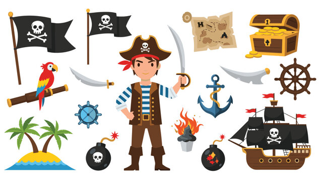 Young pirate captain holding a sword is surrounded by various adventure icons such as a ship, treasure map, and a parrot on a perch.