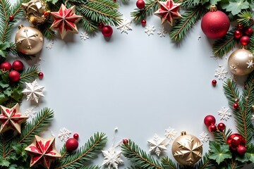 Colorful Christmas ornaments and evergreen branches frame a blank light-blue background.