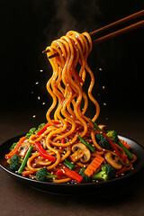Hot Asian Stir Fry Noodles with Chopsticks, Udon Noodles, Mixed Vegetables, Mushrooms, Broccoli and Carrots in Soy Sauce, Steaming Chinese Food on Black Background. Hong Kong Stir Fry Noodles  with Ve