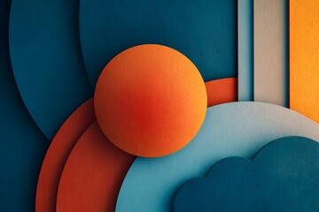 An orange sphere overlaps layered blue and orange abstract shapes in a minimalist geometric composition.