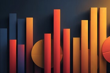 Colorful 3D bar and pie charts stand against a dark background.