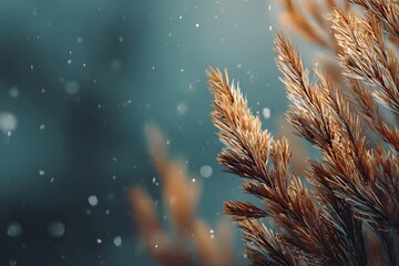 Golden wheat-like grass gently sways in the foreground against a soft, snowy, teal-toned background.