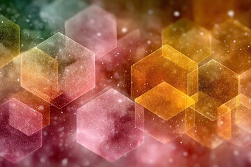 Translucent hexagonal shapes float in a colorful, abstract background.