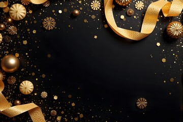 Golden ribbons and decorative ornaments sparkle against a dark black background.