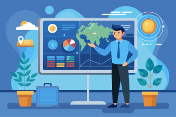 Businessman presenting data analytics and world map charts on a large screen in modern office with infographic elements and blue background