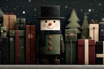 A smiling snowman figurine stands among wrapped Christmas gifts in a snowy, festive setting.