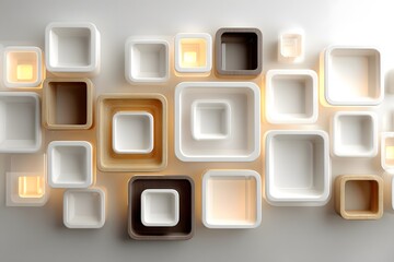 Multiple square-shaped wall shelves with varying depths and colors are arranged in an abstract pattern on a light-colored wall.