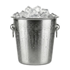 Silver metal ice bucket filled with cubes on transparent background
