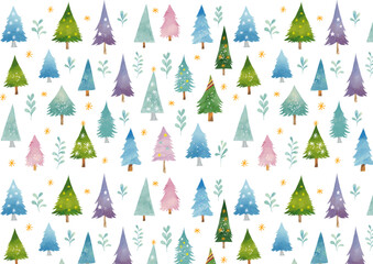 水彩風 かわいい冬の樹々のパターン Winter Series:Watercolor style cute winter tree pattern