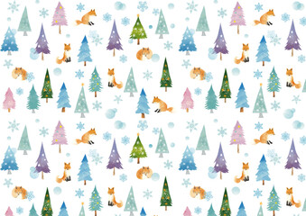 水彩風 かわいい冬の風景 狐と樹々のパターン2 Winter Series:Watercolor style cute winter landscape fox and tree pattern