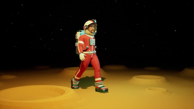 Astronaut in a spacesuit walking across the cratered surface of an alien planet under a dark starry sky. Seamless loop 3d animation