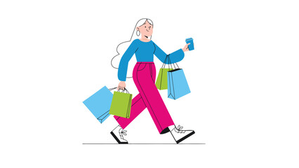 Fototapeta premium Woman carrying colorful shopping bags and coffee cup walking with happy energetic stride