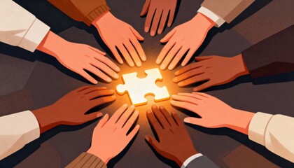 Diverse Hands Coming Together to Complete Jigsaw Puzzle with Warm Glow