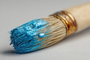Studio Macro: Blue Oil Paint on a Paintbrush with Glossy Bristles in Close-Up