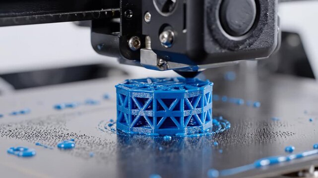 3D printer creating blue geometric object