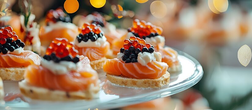 Delicious canap&eacute;s topped with various caviars and smoked salmon served on a festive table