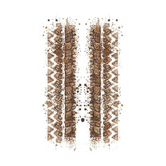 An illustration of two parallel muddy tire tracks with splatters of dirt and grime. The tracks show a deep tread pattern and are isolated on a clean white background.