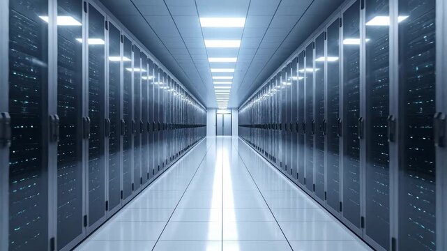 Data Center Server Room with Rows of Racks and Futuristic Lighting