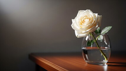 A single elegant white rose in a clear glass vase on a wooden table, bathed in soft light.