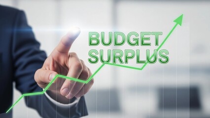 Businessman interacting with a digital screen displaying glowing green text that reads budget surplus alongside an upward trending financial growth arrow graph