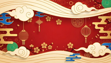 Festive Chinese New Year Red Background with Golden Clouds Lanterns and Asian Frame Design