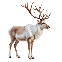 Fototapeta premium Reindeer with majestic brown antlers and striking white and tan fur isolated on white background