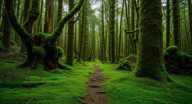 A winding dirt path leads through a lush, green, mosscovered forest with tall trees and dappled sunlight - Powered by Adobe