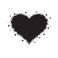 Black ink heart with splatter grunge blots and streaks vector illustration on white background