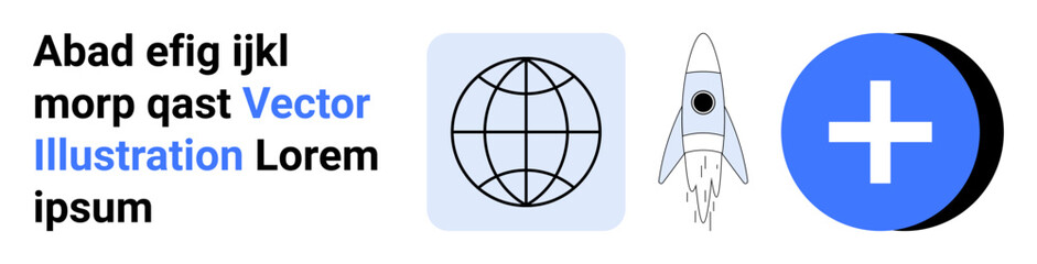 Obraz premium Technology, globalization, healthcare, space exploration, digital tools, innovation. Globe symbol, rocket and medical cross icon. Globalization and healthcare conceptual visuals