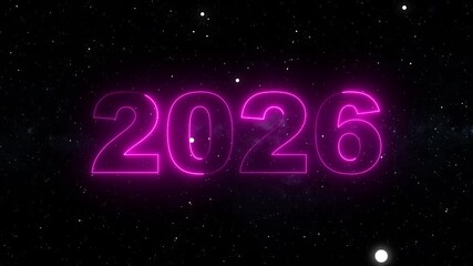 Glowing neon 2026 new year countdown animation on planet earth, futuristic space background, business growth and innovation concept, 4K.