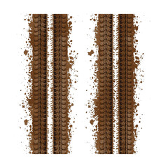 An illustration of two parallel muddy tire tracks with splatters of dirt and grime. The tracks show a deep tread pattern and are isolated on a clean white background.