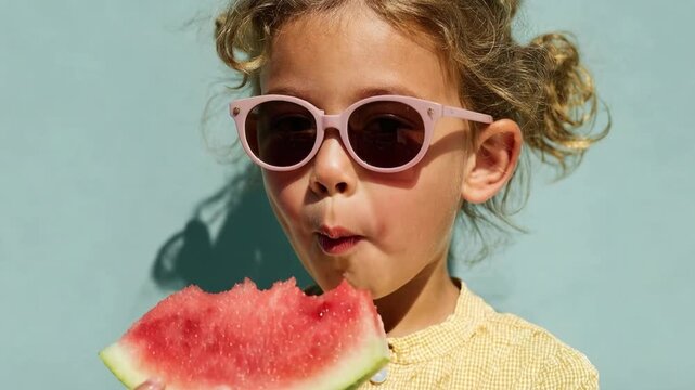 Cute little girl in sunglasses eats juicy slice of watermelon against blue wall capturing playful summer childhood joy and refreshing fruit snack